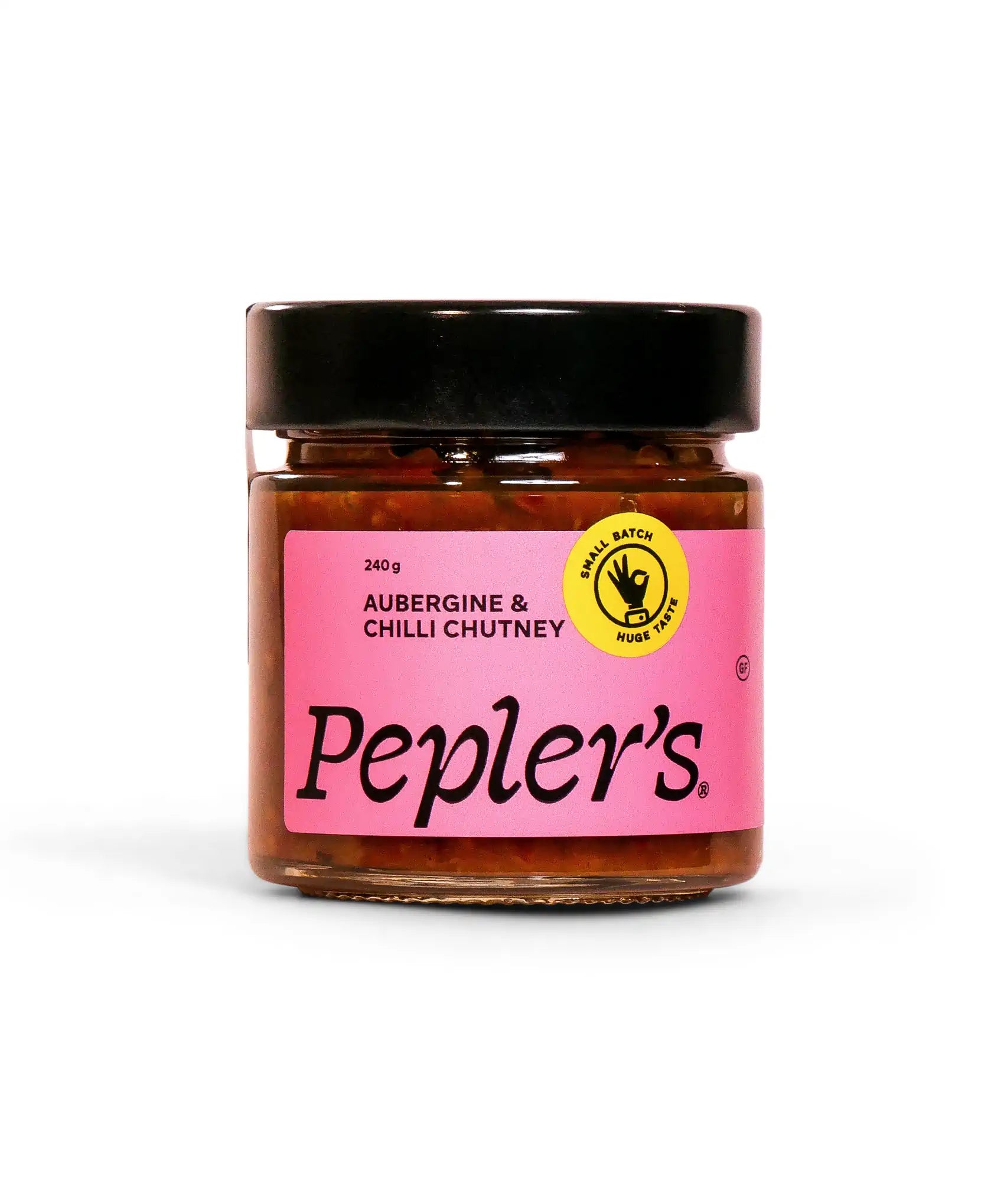 Pepler's brand jar of Aubergine & Chilli Chutney, 240g, with pink label and yellow 'Small Batch' sticker