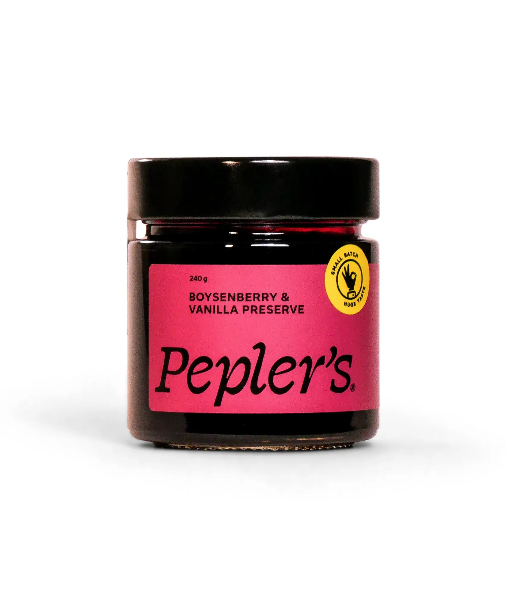 A jar of Pepler's Boysenberry & Vanilla Preserve, featuring a vibrant pink label with black lettering, on a light background. The jar contains 240 grams of the preserve and has a circular seal indicating it is a small batch product.