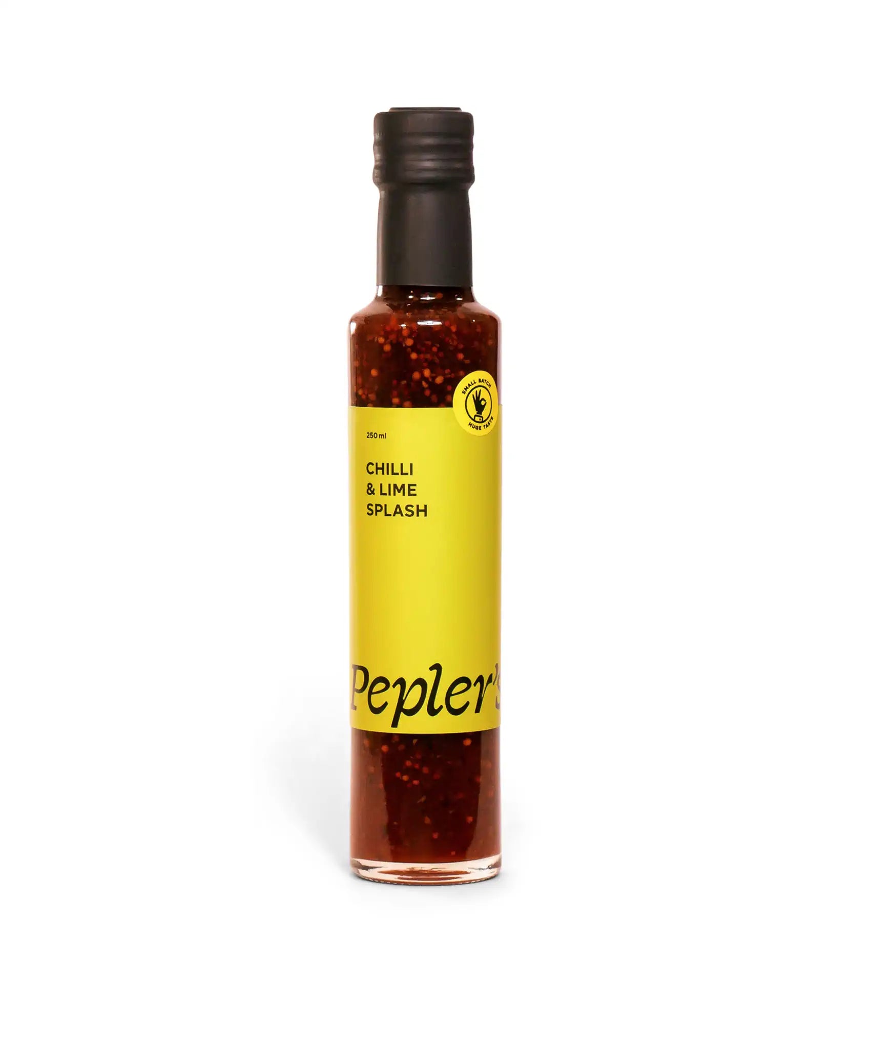 A bottle of Pepler's Chilli & Lime Splash sauce, featuring a vibrant yellow label. The bottle holds 250 ml of a reddish-brown sauce filled with visible red chili flakes. The label displays the product name "Chilli & Lime Splash," along with a symbol indicating it is made in small batches. The background is plain white, highlighting the product.