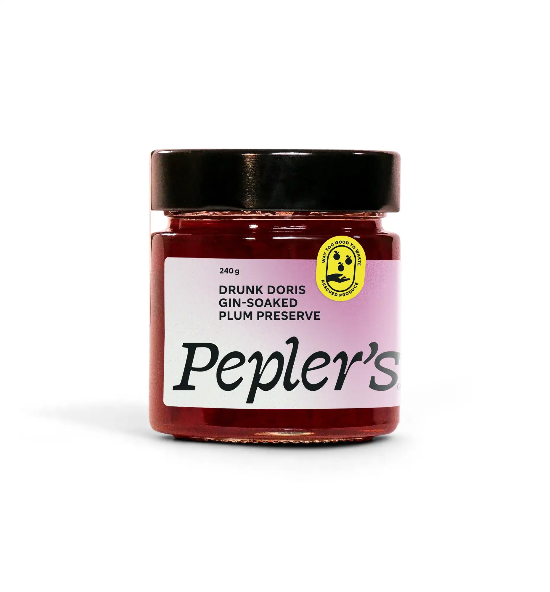 A jar of Pepler's Drunk Doris Plum Preserve, featuring a vibrant pink label. The jar contains 240 grams of the preserve and includes a circular yellow sticker indicating "Small Batch Huge Taste." The label prominently displays the product name - Drunk Doris Gin Soaked Plum Preserve