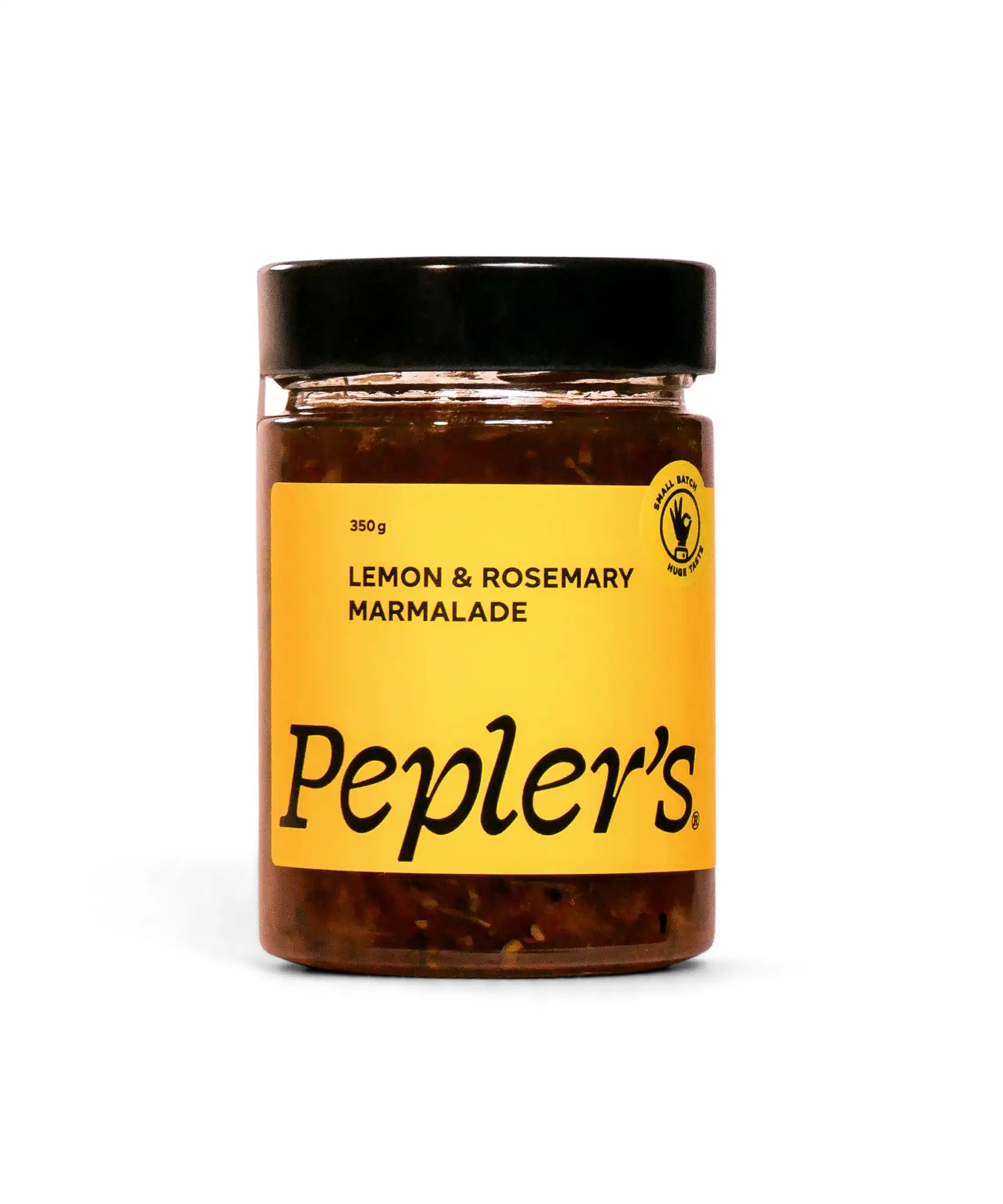 A jar of Pepler's Lemon & Rosemary Marmalade, featuring a vibrant yellow label with bold black text. The label indicates a net weight of 350 grams. The jar has a black lid and is placed against a light, neutral background.