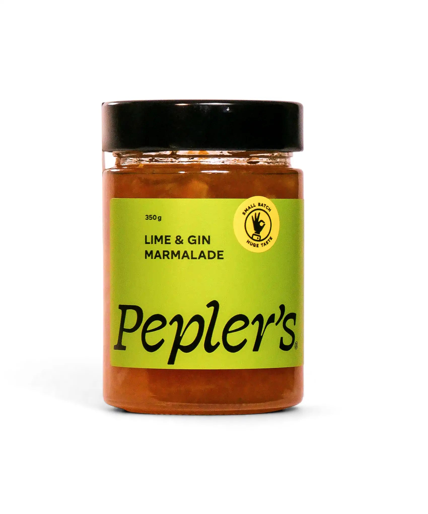 A jar of Pepler's Lime & Gin Marmalade, featuring a vibrant green label and a black lid. The label highlights "350g" and mentions "Small Batch, Huge Taste." The jar is set against a plain white background, showcasing its contents and design clearly.