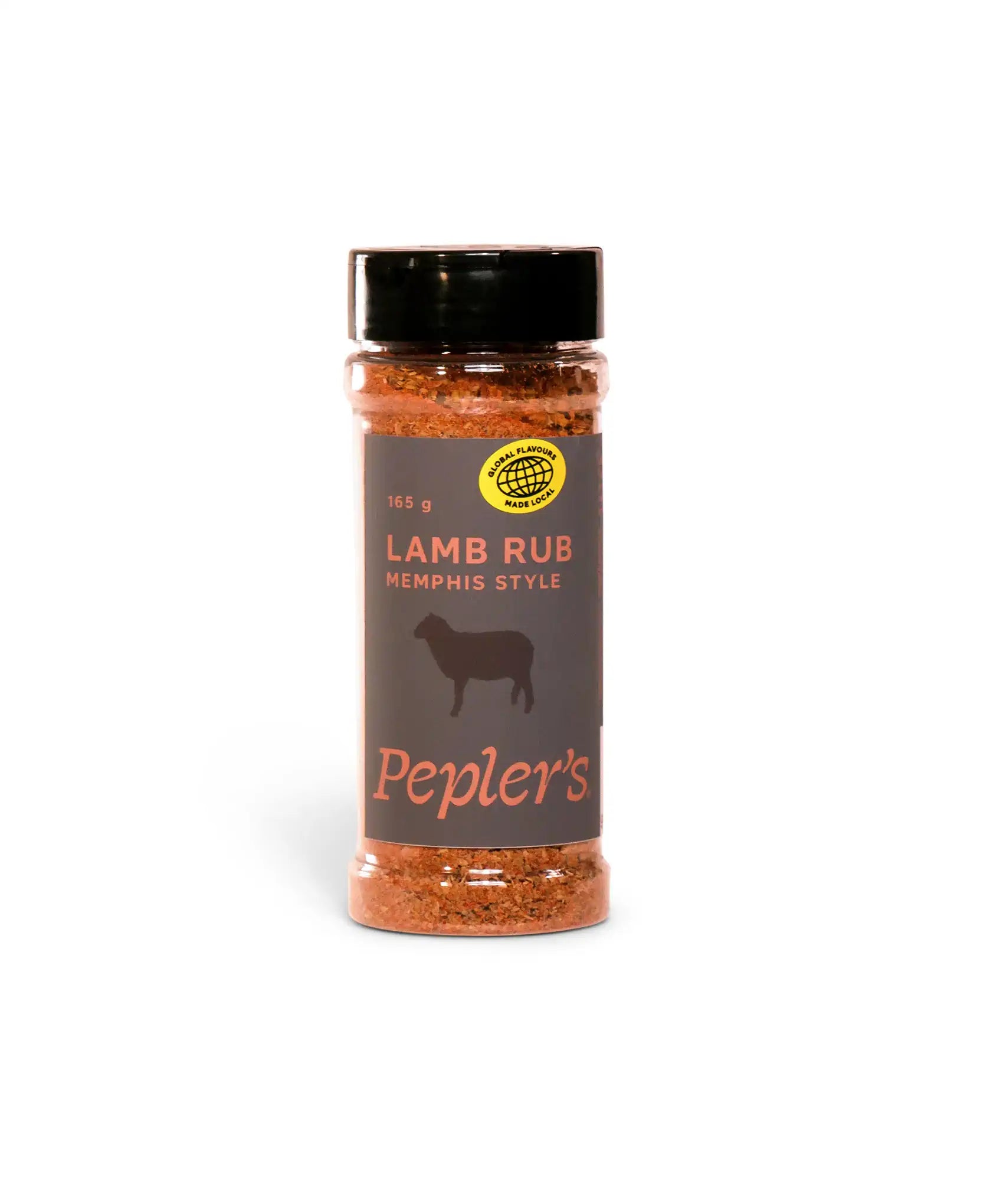 Bottle of Pepler's Lamb Rub, Memphis Style, containing 165 grams of a spice blend. The label features a black background with bold orange text stating "LAMB RUB" and "MEMPHIS STYLE." A small yellow emblem with a globe and the text "GLOBAL FLAVOURS MADE LOCAL" is also present, along with a silhouette of a sheep on the side. The bottle has a black lid and is set against a plain white background.