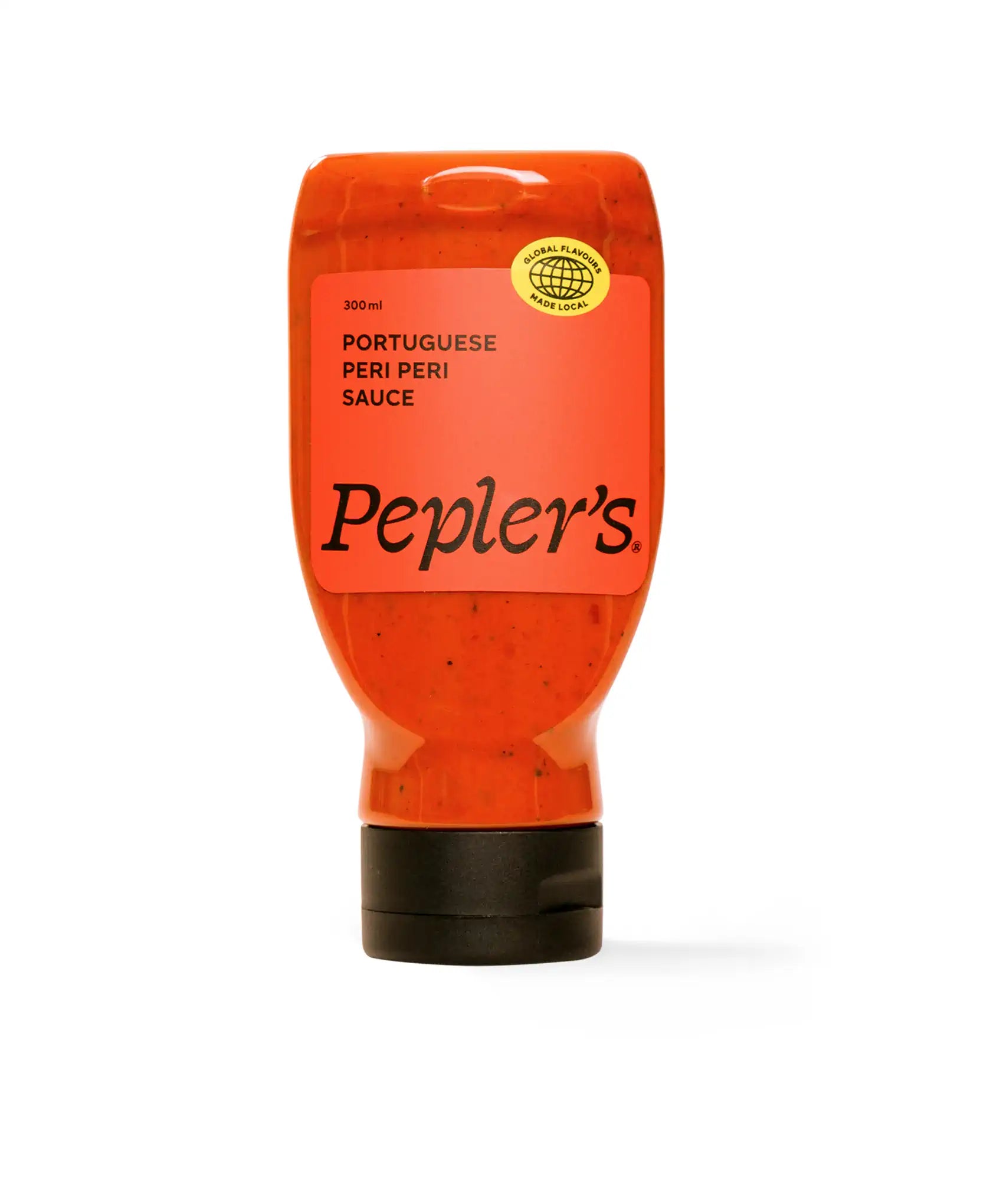 A bottle of Pepler's Portuguese peri peri sauce, featuring a bold red label with the text "PORTUGUESE PERI PERI SAUCE" and a circular logo stating "GLOBAL FLAVOURS MADE LOCAL." The bottle has a squeezable design and holds 300 ml of sauce. The background is simple and neutral, enhancing the visibility of the product.